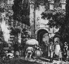 Stampa del '300 con scorcio mura di Cittadella